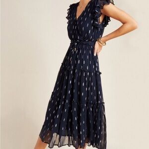 Anthropologie - Midnight Shimmer Metallic Accent Tiered Midi Dress - Large